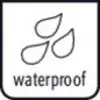 Un simbolo stilizzato di due gocce d'acqua con il testo 'waterproof', che indica l'impermeabilità.