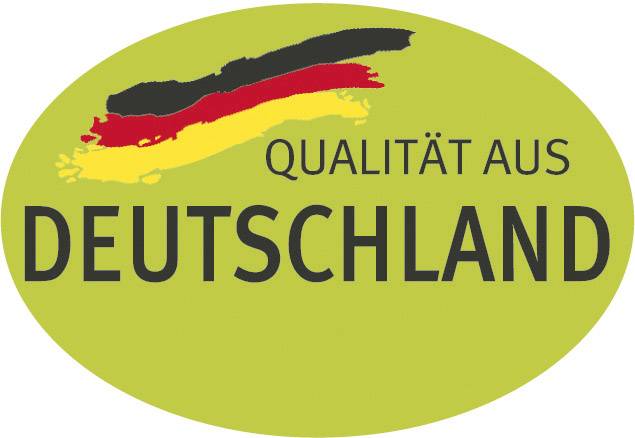 Logo ovale con tratto di pennello nero-rosso-oro e testo 'Qualità dalla Germania' su sfondo verde.