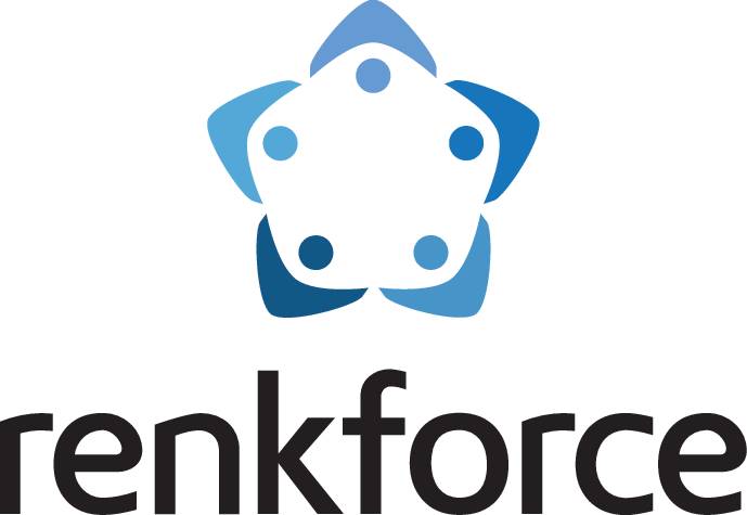 Logo con cinque foglie stilizzate marroni che formano una stella intorno a una forma centrale bianca con cinque punti. Sotto è scritto 'renkforce'.