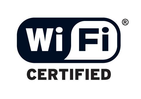 Logo Wi-Fi con la scritta 'Wi-Fi Certified', simboleggia una certificazione ufficiale per la compatibilità delle reti wireless.