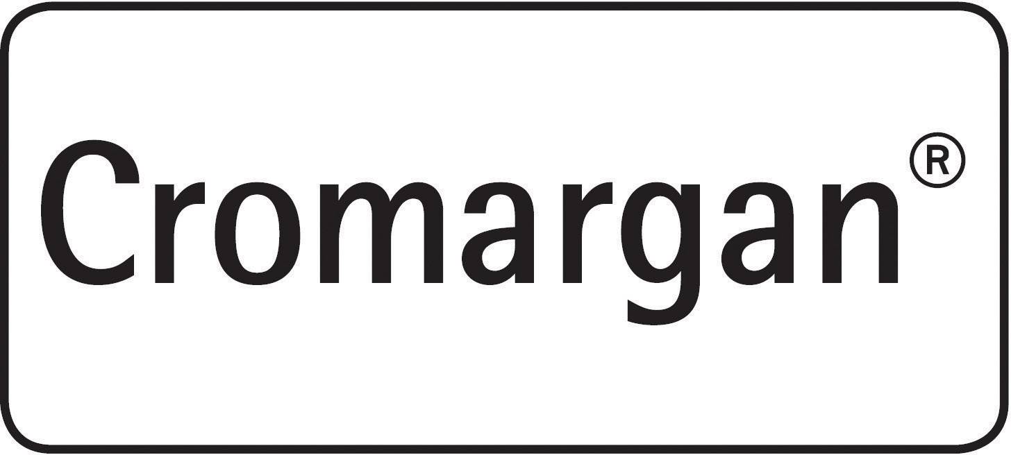 'Logo del marchio Cromargan, grande scritta nera su sfondo bianco.'