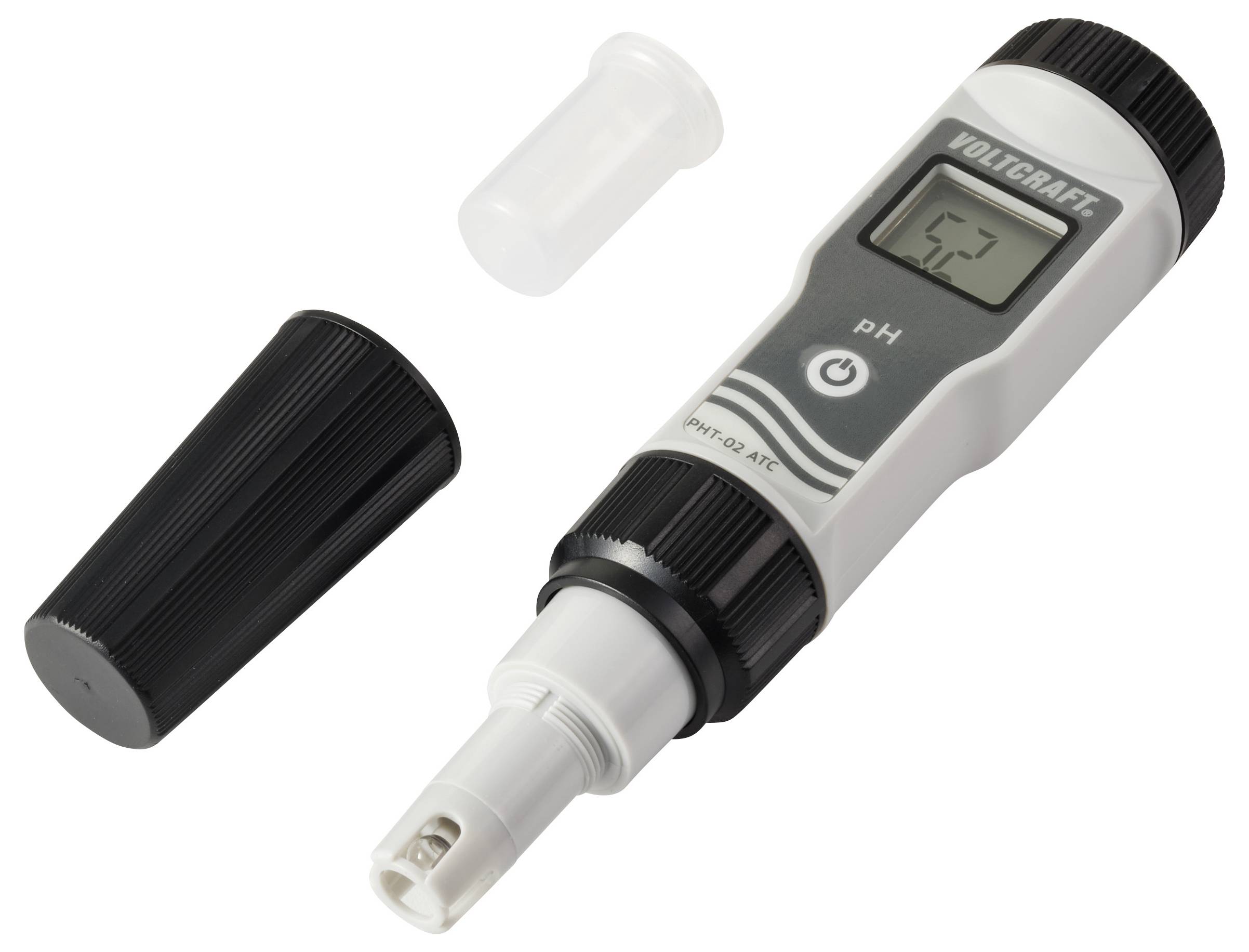 Digitale pH-meter met beschermkappen verwijderd, waarop een aflezing wordt weergegeven op het scherm.