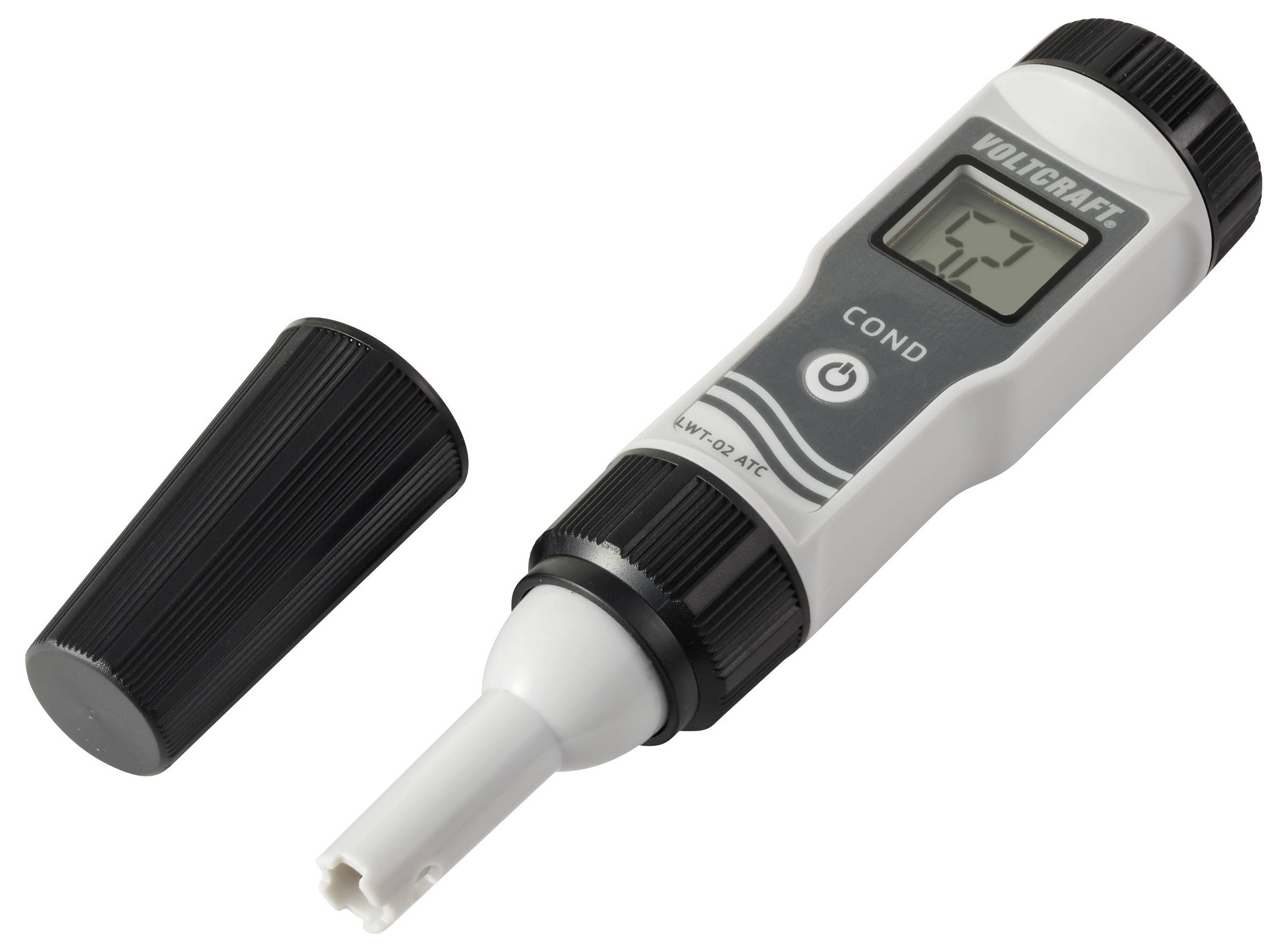 Een draagbare digitale geleidbaarheidsmeter met een display waarop een aflezing wordt getoond, naast zijn beschermende dop.