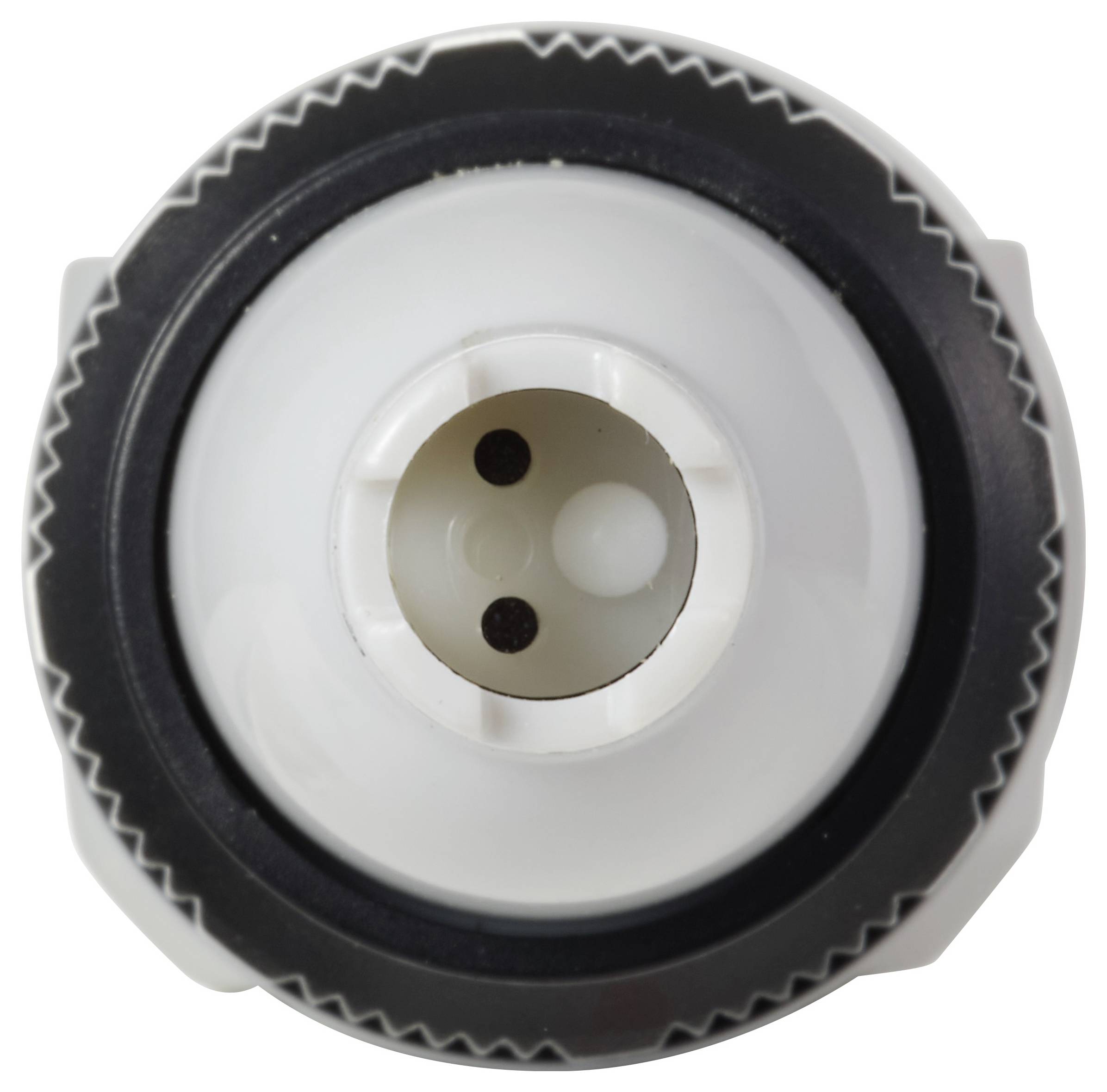 Bovenaanzicht van een witte, cilindrische connector met een zwarte cirkelvormige rand en drie gaten in het midden, die lijkt op een elektrisch onderdeel.