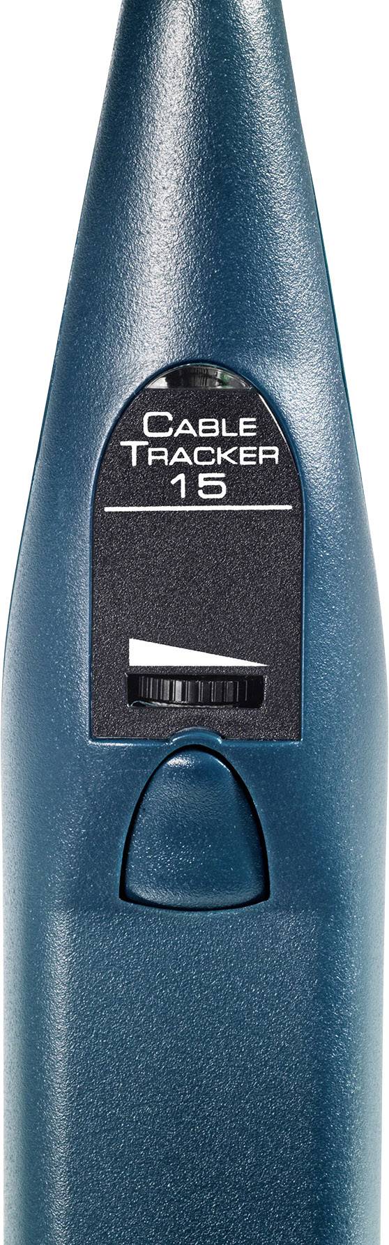 Een blauw apparaat met het opschrift 'Cable Tracker 15', een draaiknop en een lensschakelaar voor het traceren van kabels.