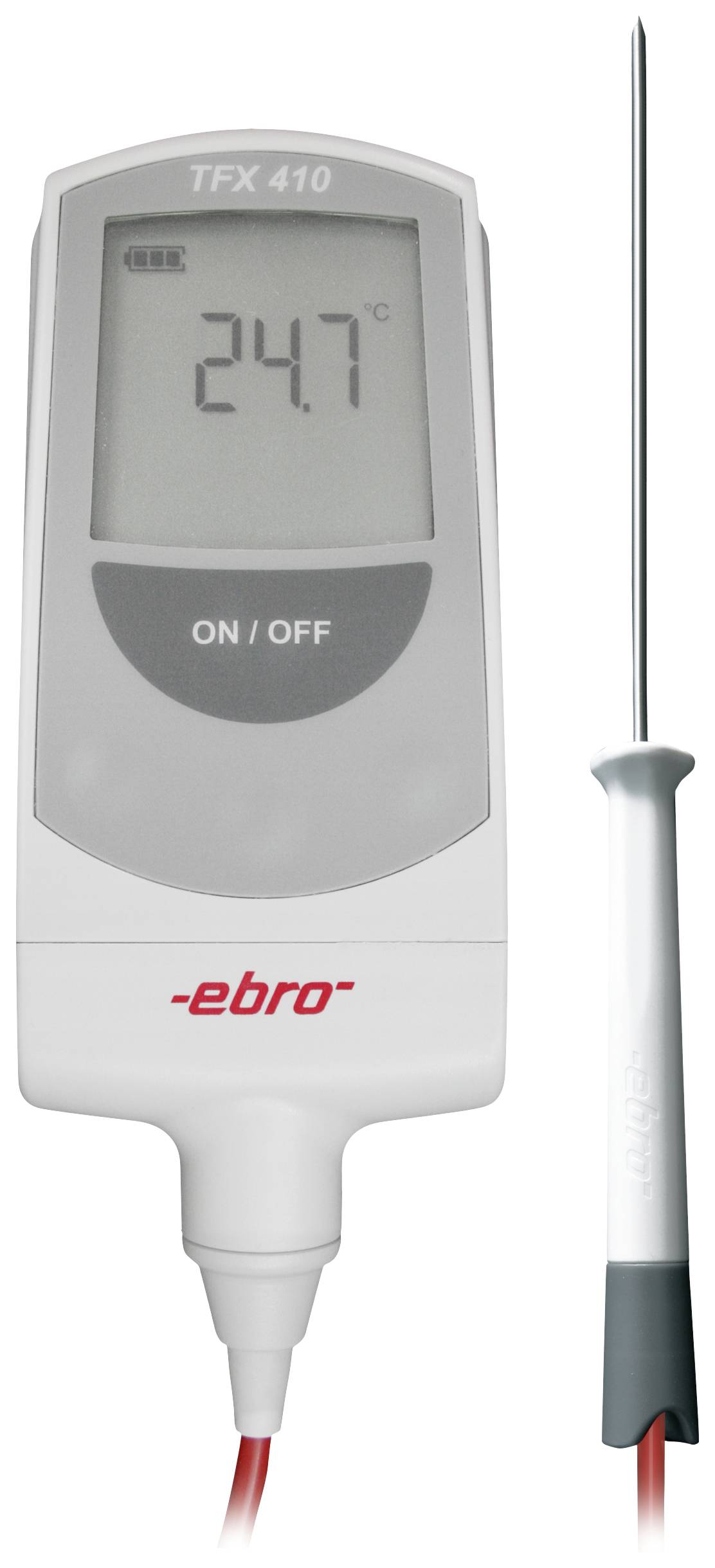 Digitale thermometer toont 24,7 graden Celsius. Bevat een metalen sonde. Gemarkeerd met 'ebro' en modelnummer 'TFX 410'.