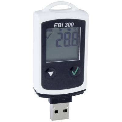 Digitale temperatuur-datalogger toont 28,8 graden Celsius op display. Apparaat is wit met USB-aansluiting, model 'EBI 300'.