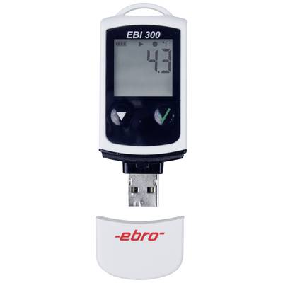 Temperatuurgegevenslogger met USB-stekker, model 'EBI 300', toont 4,3°C op het display. Ideaal voor temperatuurmonitoring.