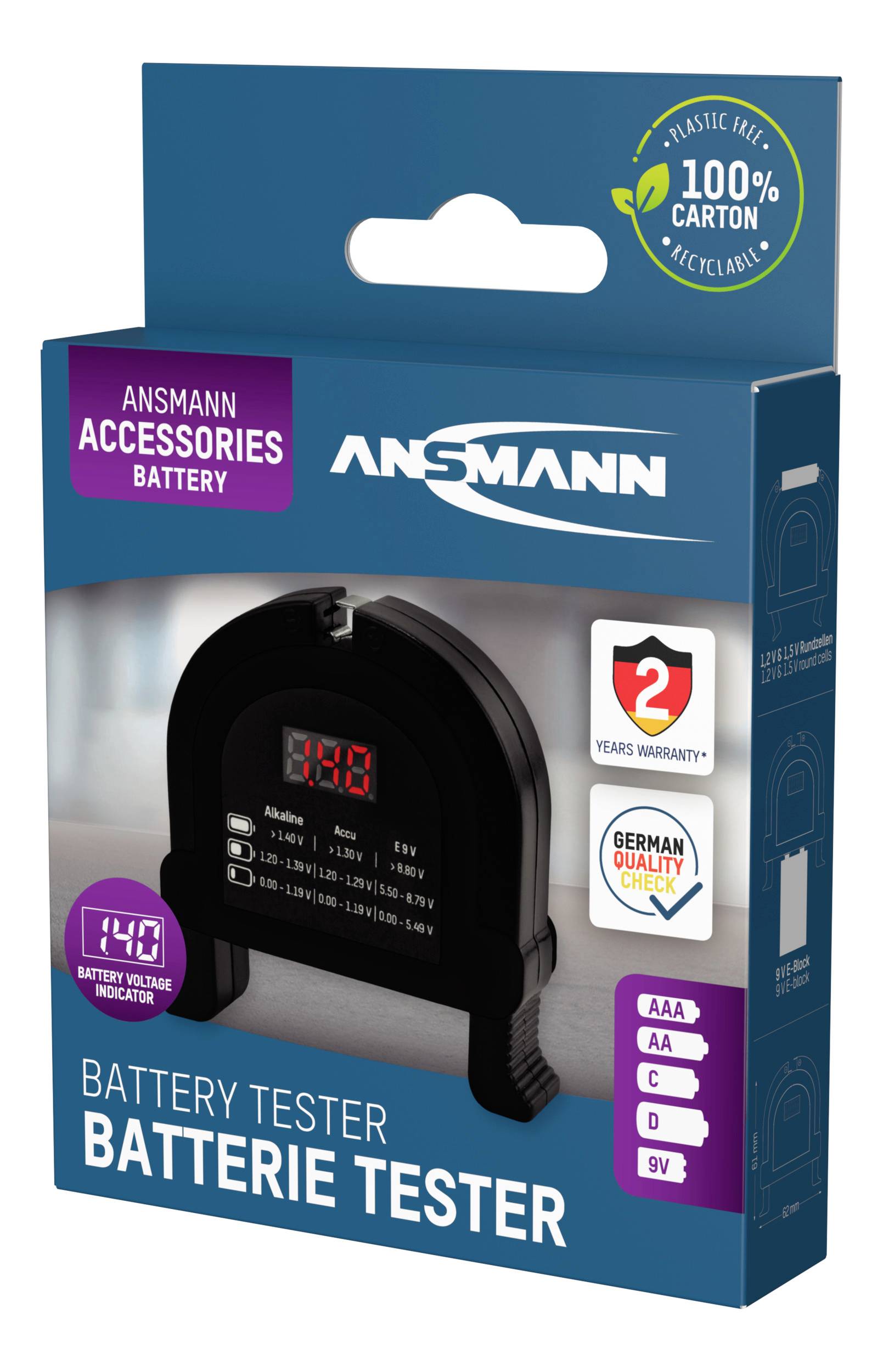 Packaging of an Ansmann battery tester, with digital display for AA, AAA, C, D, 9V batteries. Environmentally friendly packaging.