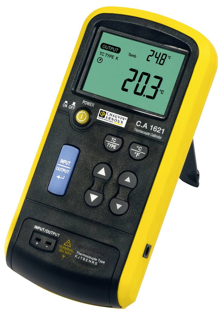 Een geel digitaal thermometer toont een temperatuur van 20,3 graden Celsius. Het heeft meerdere knoppen en een display.