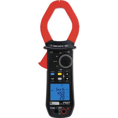 Digitaal stroommetingapparaat met rode tang en blauw display, toont meetwaarden voor ingevoerde parameters.