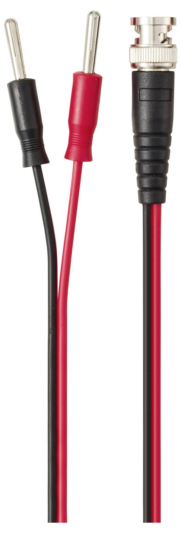 'Twee banaanstekkers, één zwart en één rood, verbonden met een BNC-connector via zwarte en rode kabels.'