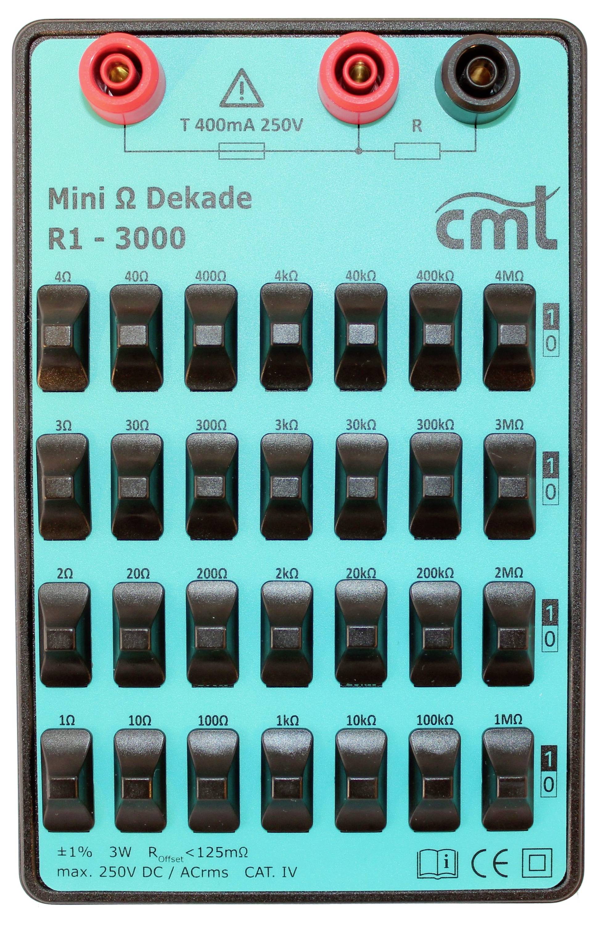 'Mini Ω Decade R1 - 3000 cmt' Weerstandsdecade met schakelaars van 1 Ohm tot 400k Ohm. Maximale belasting: 400mA, 250V.