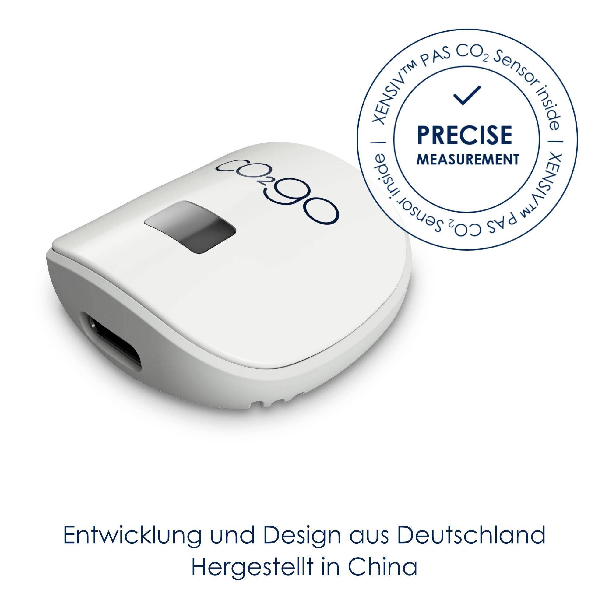 Een wit meetinstrument met het opschrift 'op;go', ernaast een zegel 'PRECISE MEASUREMENT'. Tekst daaronder: 'Ontwikkeld en ontworpen in Duitsland. Vervaardigd in China'.