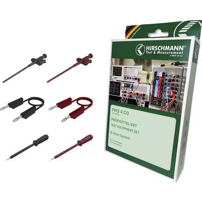 Hirschmann Test & Measurement PMS 4 CO premium testapparatuursetpakket met vier zwart-rode testdraden/adapters naast de doos getoond.