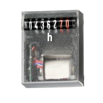 Mechanische urenteller met display 0436270 u, met zwarte cijfers en rode laatste twee cijfers in een vierkante grijze behuizing.