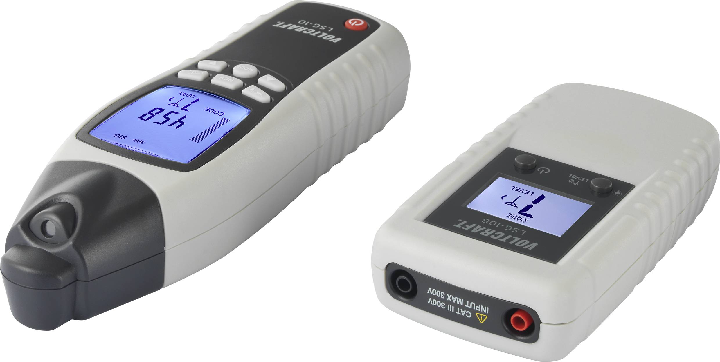 Twee digitale multimeters met verlichte displays. Het linker apparaat toont '0 V', het rechter apparaat toont 'L L R'.