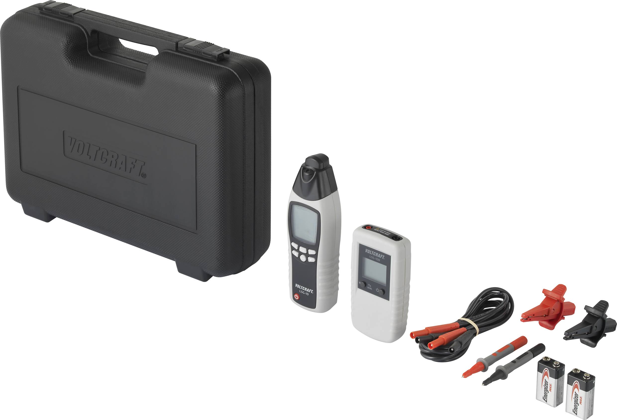 Gereedschapskoffer en elektrische testerset met kabels, meetapparatuur en batterijen voor elektrische controles en metingen.