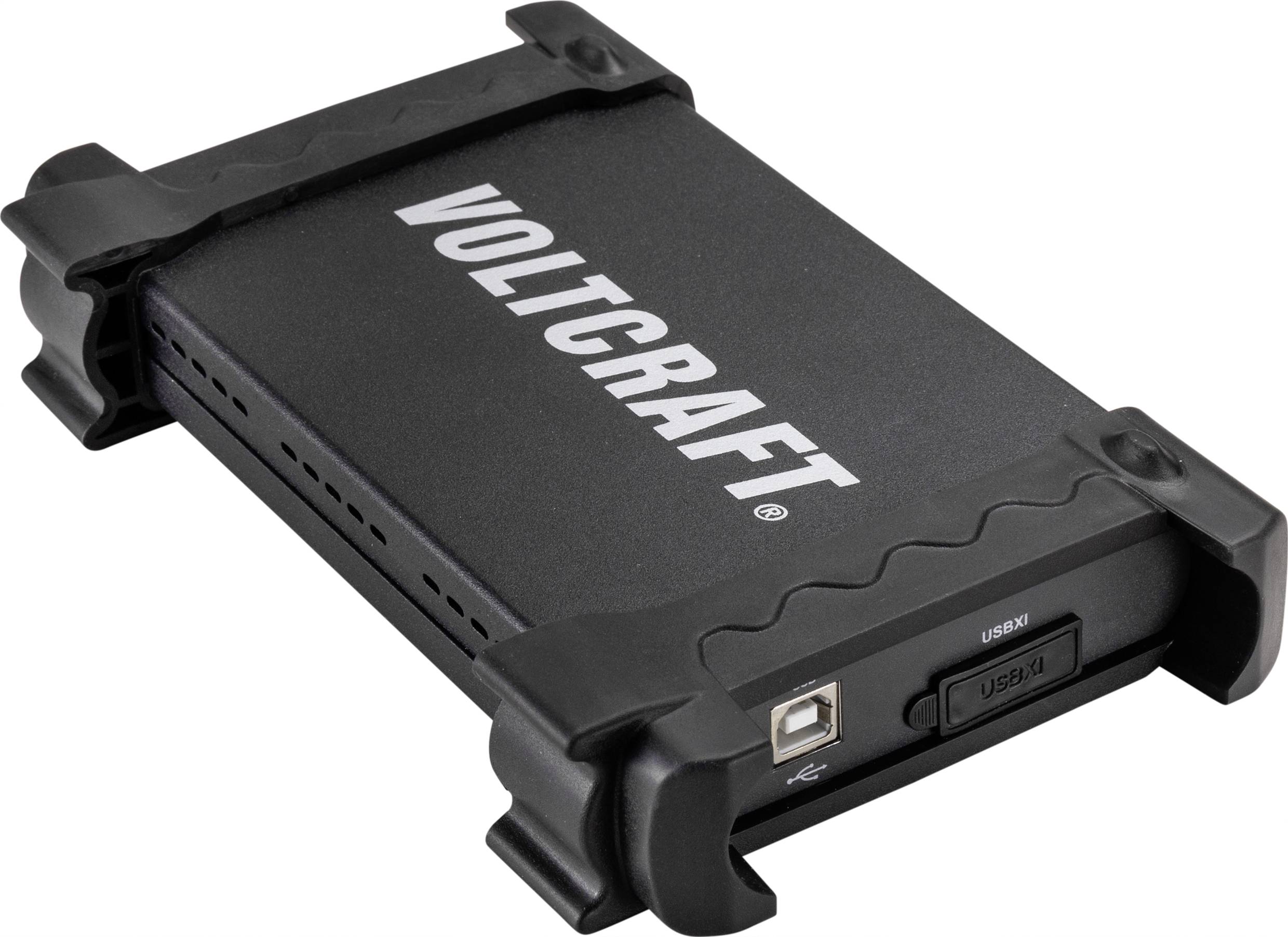 Zwart VOLTCRAFT-apparaat met USB-aansluiting, omgeven door een stevig beschermbehuizing.