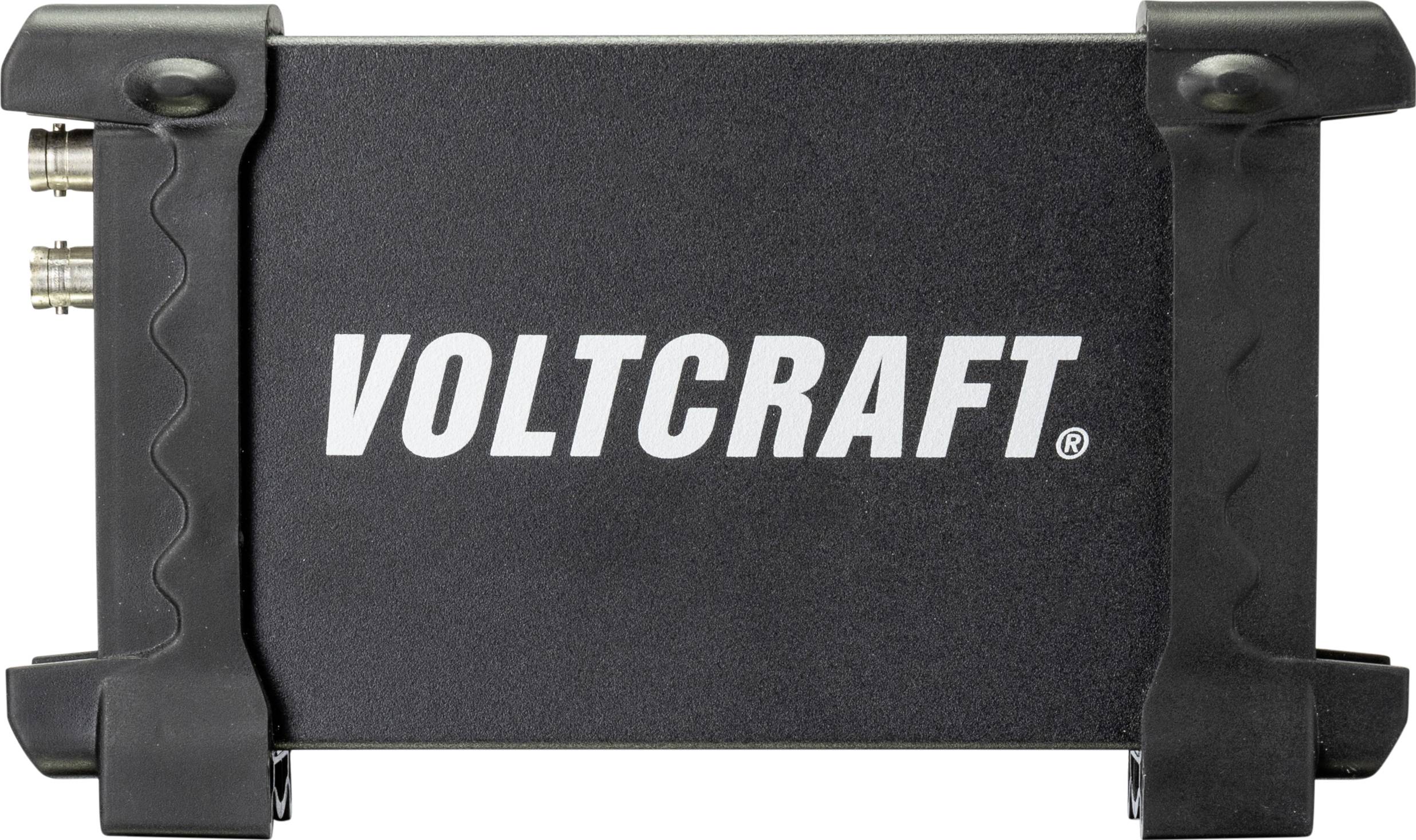 Zwart Voltcraft-apparaat met metalen aansluitingen aan de linkerkant, merknaam in grote witte letters op de voorkant.