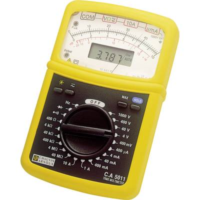 Een gele multimeter toont de waarde '3,78 V' op het display. Het heeft bedieningselementen voor verschillende spanning- en stroommetingen.