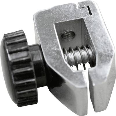 Metalen klem met een zwart geribbelde draaiknop, schroef en veerconstructie, bestemd voor het bevestigen van objecten.