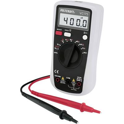 Een digitaal multimeter van het merk Voltcraft toont op het display '400,0 µA'. Het heeft een groot display en twee meetkabels.