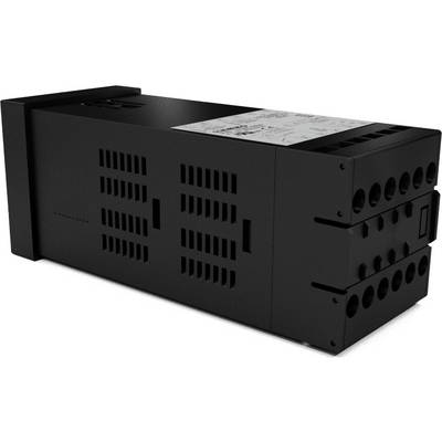 Zwart elektronisch apparaat met rechthoekige vorm en meerdere aansluitingen aan de zijkant. De bovenkant bevat een etiket met tekst.