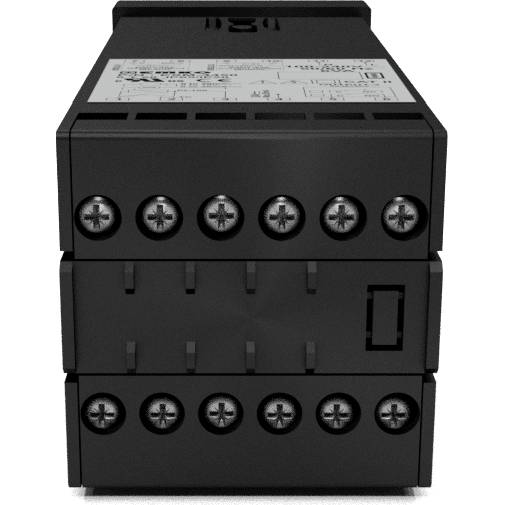 Een zwart elektronisch apparaat met meerdere schroefklemmen aan de voorkant. Bovenaan is een etiket met technische informatie.