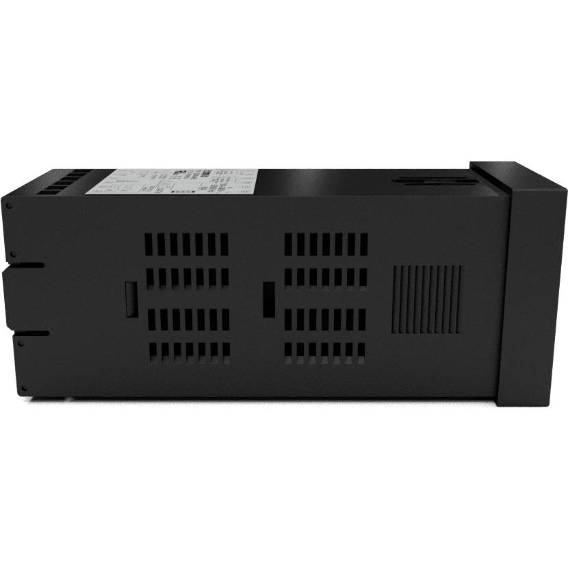 Een zwart elektronisch apparaat met ventilatiesleuven, horizontaal geplaatst.