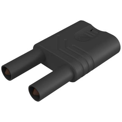 Zwarte elektrische dubbele stekker met twee parallelle pinnen, gebruikt voor het verbinden van kabels of apparaten.