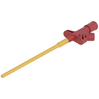 Een rood en geel gereedschap met een langwerpige handgreep en een smalle punt, mogelijk gebruikt voor het mengen of verdelen van stoffen.