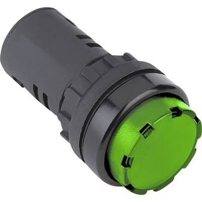 Een groene ronde schakelaar of indicator, ingebouwd in een zwarte behuizing. Mogelijk voor statusweergave in industriële apparaten.