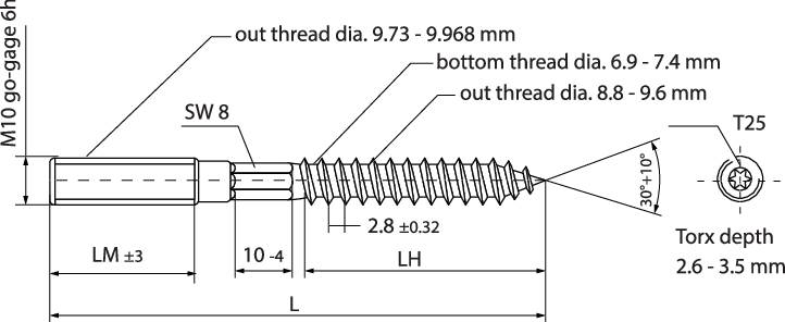Afbeelding van een schroefontwerp met details over draadgrootten, kopdiameter en schroeflengte. Technische afmetingen zijn aangegeven.