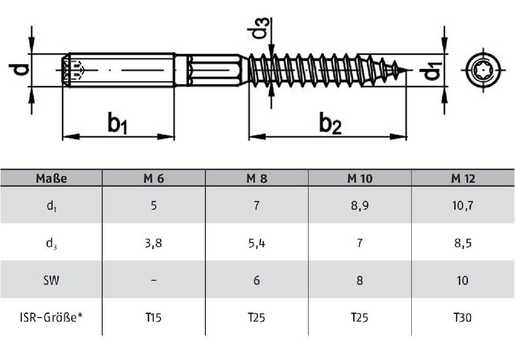 Tekening van verschillende schroefmaten. Tabel toont afmetingen M6 tot M12 met gegevens voor d₁, d₃, b₂, SW en ISR-afmeting. Schroefprofiel rechtsboven.