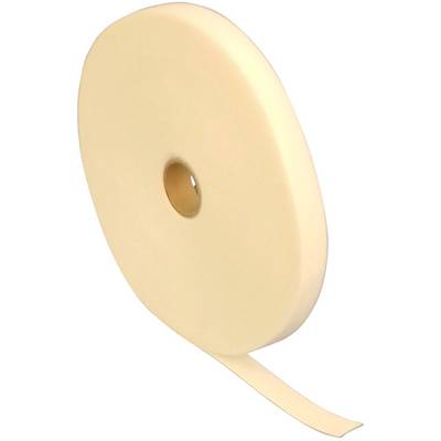 Een grote rol van beige plakband met een licht afgerolde strook, die kan worden gebruikt voor verpakkingen of knutselwerkjes.