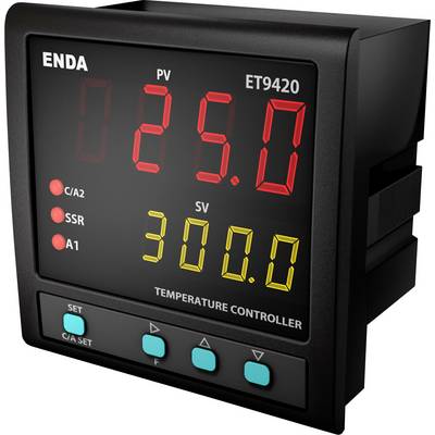 Digitale temperatuurregelaar met display toont PV 285,0 en SV 300,0, heeft vijf knoppen voor instelling.
