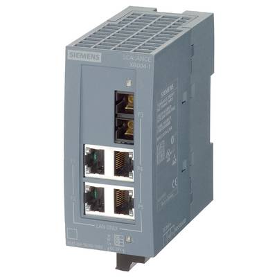 'SIEMENS SCALANCE XB004-1' Industrie-switch met vier Ethernet-poorten en een grijze kunststofbehuizing, geschikt voor LAN-netwerken.
