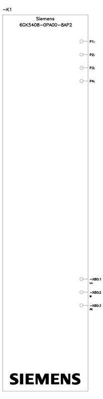 'Verticale Siemens elektronische component met het label 6GK5408-0PA00-8AP2' met aansluitingen P1, P2, PE, X002.1, X002.2 en X002.3.