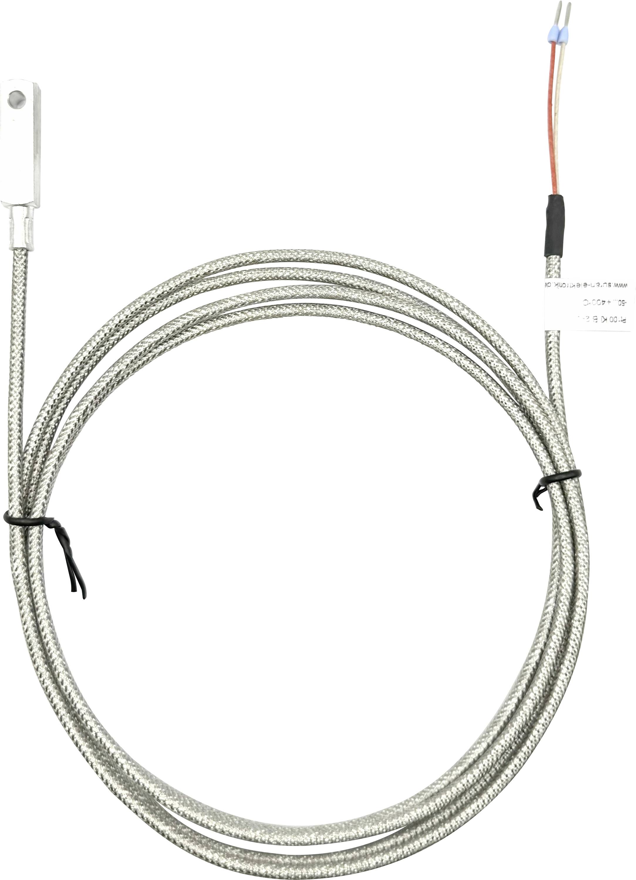 Een opgerolde metalen kabel met een witte eindconnector en gekleurde draden aan het uiteinde, gebruikt voor elektrische of mechanische verbindingen.