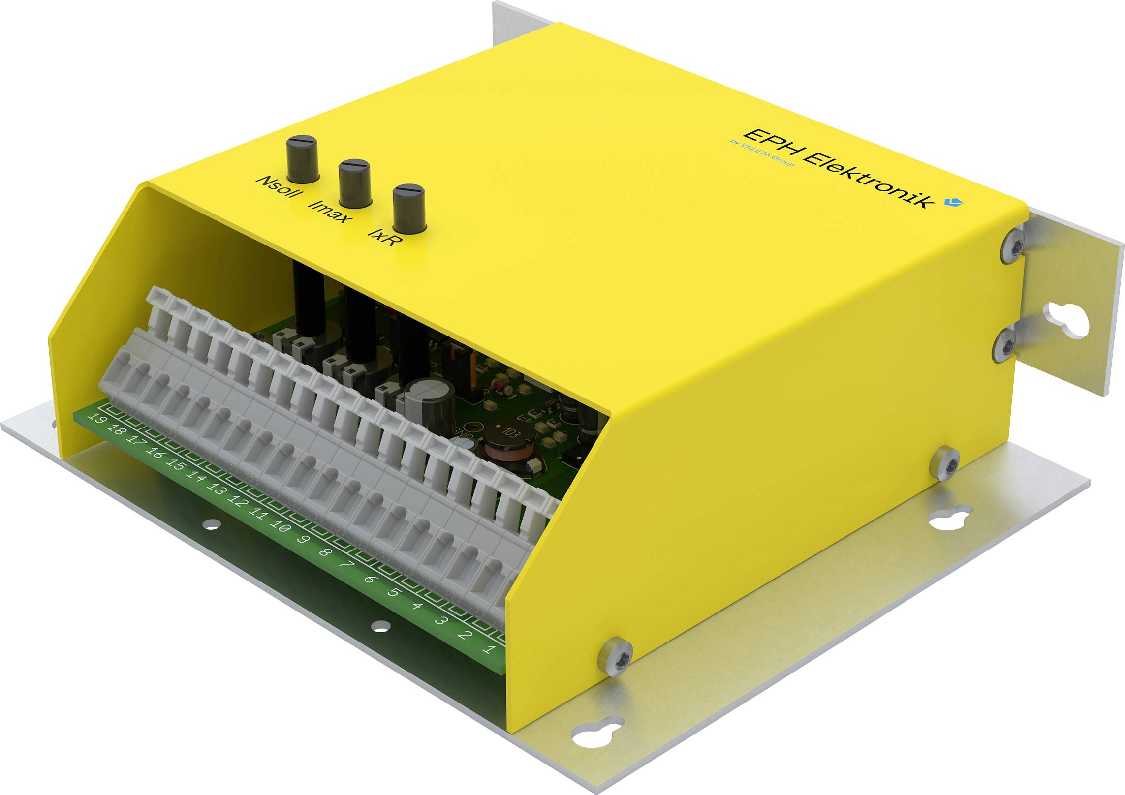 Geel elektronisch apparaat met opschrift 'EPH Elektronik', toont aansluitingen en knoppen voor 'Nood', 'Reset', 'Knp', wandmonteerbaar.