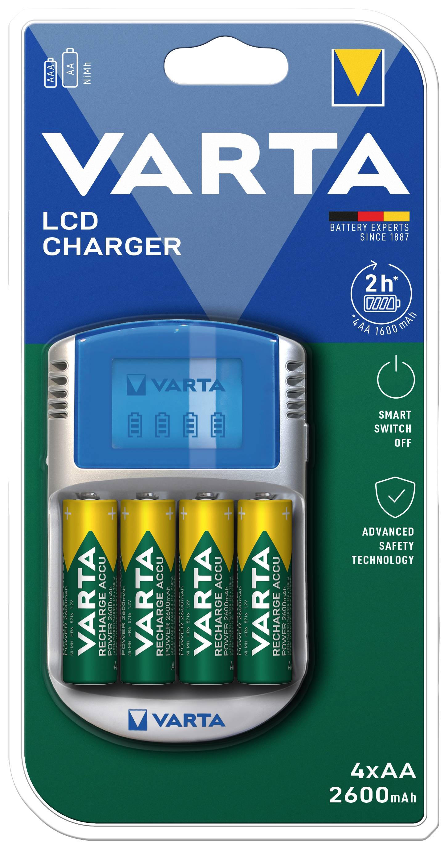 Varta LCD-batterijlader voor AA-batterijen, blauw-geel design. Bevat vier oplaadbare AA-batterijen van 2600 mAh.