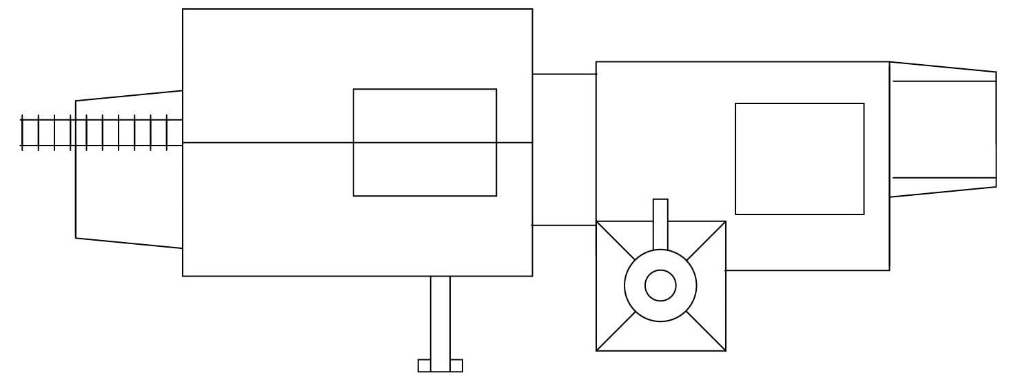 Lijndiagram van een hoekige machine of voertuig zijaanzicht met twee grote rechthoekige secties, een frontale uitstulping, en een cilindrisch onderdeel onder het midden.