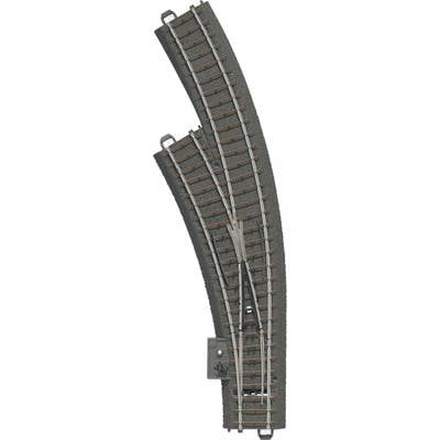 Modelspoorrail-wissel op een gebogen baanvak, maakt richtingsverandering van treinen mogelijk, gedetailleerde weergave van rails en dwarsliggers.