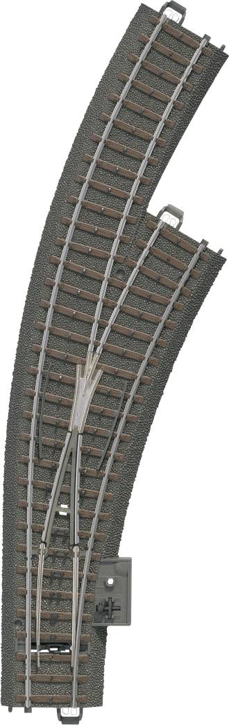 Gebogen modelspoorrailstuk met wissel, grijs en bruin, geschikt voor een modelspoorbaan.