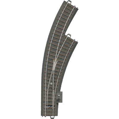 Gebogen modelspoorrailstuk met wissel, grijs en bruin, geschikt voor een modelspoorbaan.