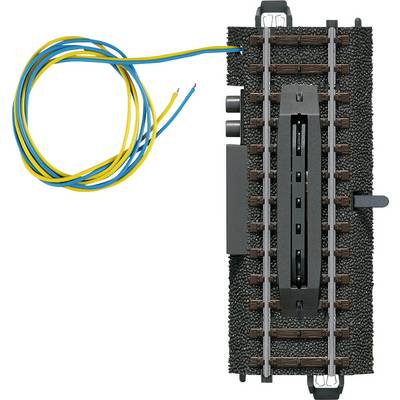 Wissel voor modelspoorbaan, rechte sectie met geïntegreerd elektrisch schakelingsmechanisme en gekleurde draden voor de bedrading.