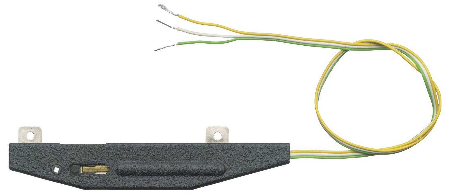 Een zwarte deuropcontactsensor met groene, gele en witte draden die eruit steken, gebruikt voor beveiligings- of alarmsystemen.