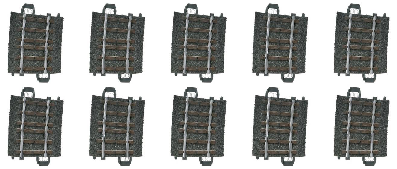 Tien identieke modeltreinrailsecties, elk met vier houten planken en twee bevestigingsklemmen. Gerangschikt in twee rijen.