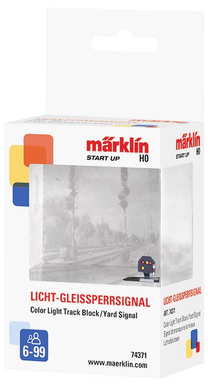 'Model van de licht-railblokseinsignaal-verpakking van Märklin. Bevat een gekleurd railblokseinsignaal-model voor modelspoorwegen.'